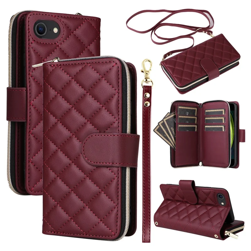 For iPhone 6 / 6s / 7 / 8 / SE (2020) / SE (2022) Case Zipper Wallet PU Leather Phone Cover -  Wine Red