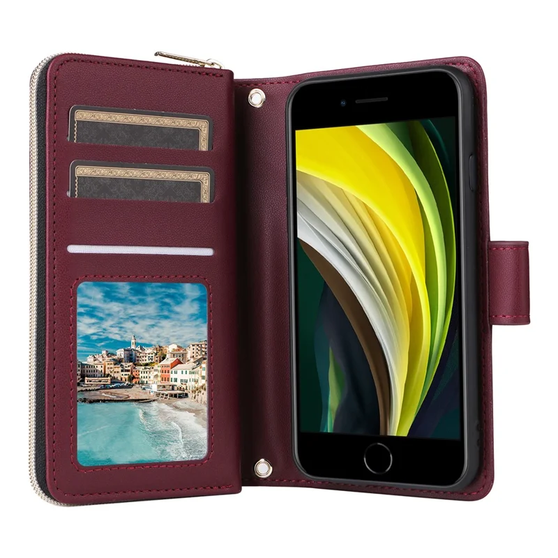 For iPhone 6 / 6s / 7 / 8 / SE (2020) / SE (2022) Case Zipper Wallet PU Leather Phone Cover -  Wine Red