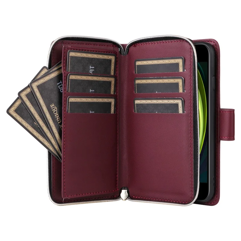 For iPhone 6 / 6s / 7 / 8 / SE (2020) / SE (2022) Case Zipper Wallet PU Leather Phone Cover -  Wine Red