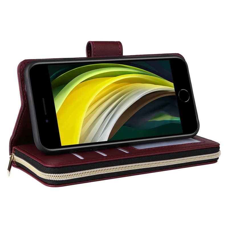 For iPhone 6 / 6s / 7 / 8 / SE (2020) / SE (2022) Case Zipper Wallet PU Leather Phone Cover -  Wine Red
