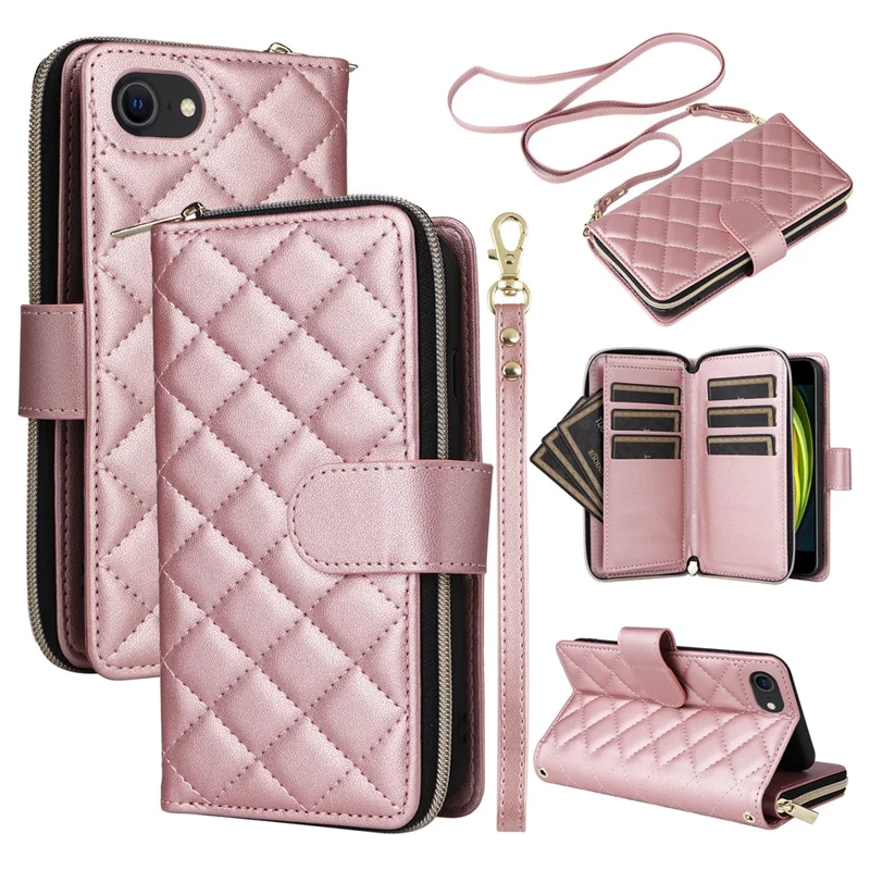 For iPhone 6 / 6s / 7 / 8 / SE (2020) / SE (2022) Case Zipper Wallet PU Leather Phone Cover -  Rose Gold