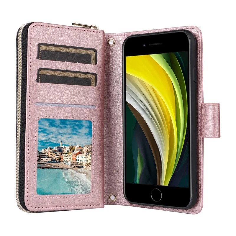 For iPhone 6 / 6s / 7 / 8 / SE (2020) / SE (2022) Case Zipper Wallet PU Leather Phone Cover -  Rose Gold