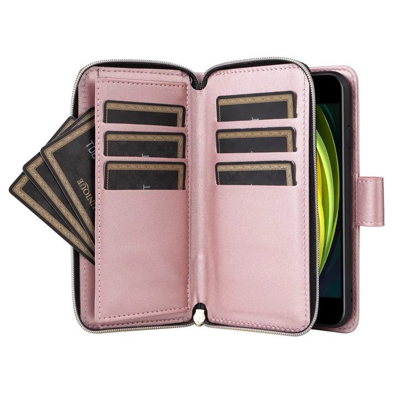 For iPhone 6 / 6s / 7 / 8 / SE (2020) / SE (2022) Case Zipper Wallet PU Leather Phone Cover -  Rose Gold
