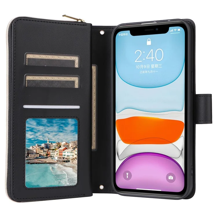 For iPhone 11 Case Leather Zipper Wallet Rhombus Phone Cover with Shoulder Lanyard - Black