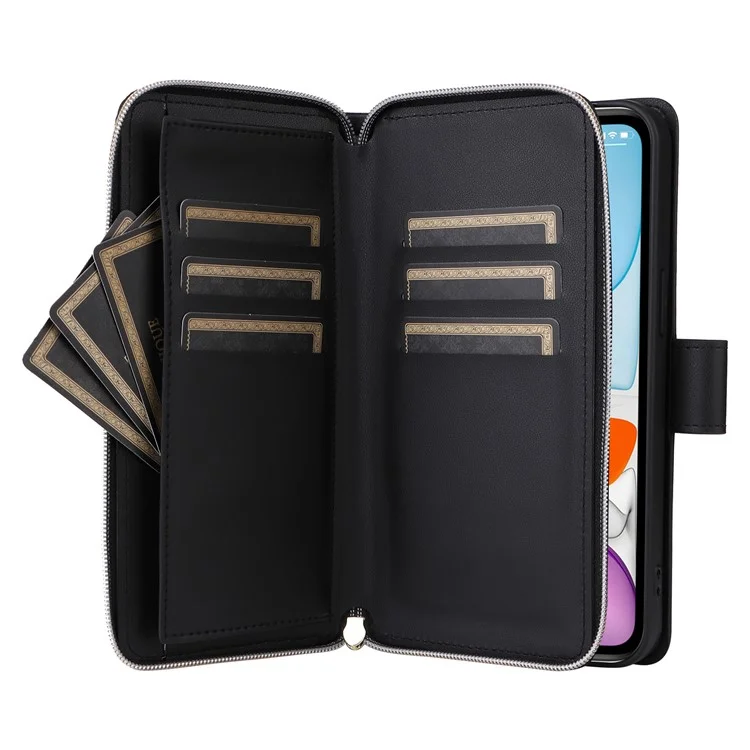 For iPhone 11 Case Leather Zipper Wallet Rhombus Phone Cover with Shoulder Lanyard - Black