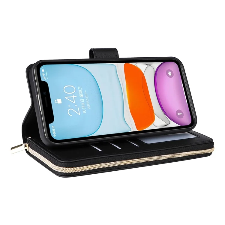 For iPhone 11 Case Leather Zipper Wallet Rhombus Phone Cover with Shoulder Lanyard - Black