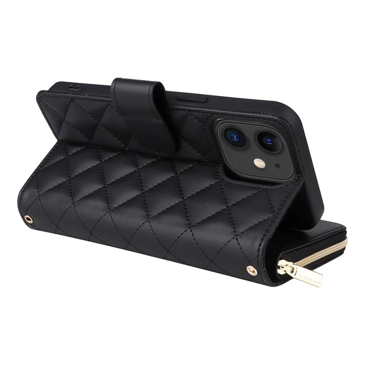 For iPhone 11 Case Leather Zipper Wallet Rhombus Phone Cover with Shoulder Lanyard - Black