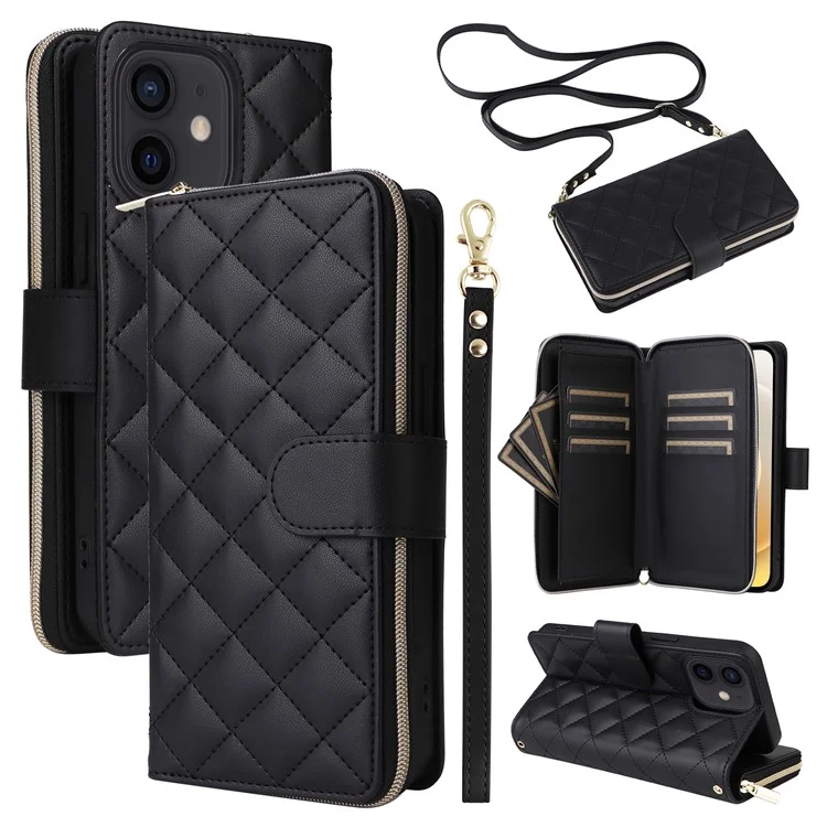 Pour iPhone 12 mini Étui portefeuille à fermeture éclair Sac à main en cuir à motif losange - Noir