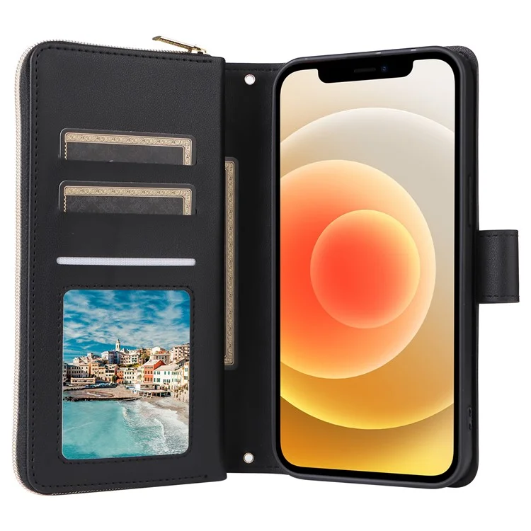 Pour iPhone 12 mini Étui portefeuille à fermeture éclair Sac à main en cuir à motif losange - Noir