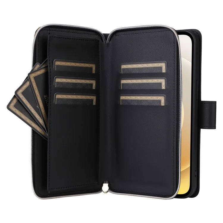 Pour iPhone 12 mini Étui portefeuille à fermeture éclair Sac à main en cuir à motif losange - Noir