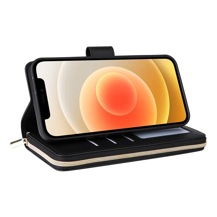Pour iPhone 12 mini Étui portefeuille à fermeture éclair Sac à main en cuir à motif losange - Noir