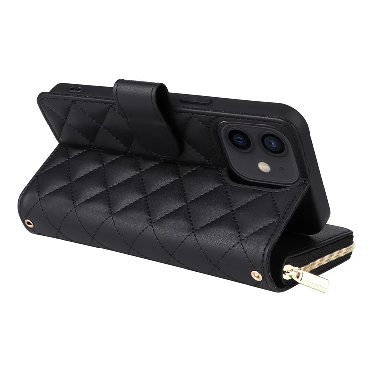 Pour iPhone 12 mini Étui portefeuille à fermeture éclair Sac à main en cuir à motif losange - Noir