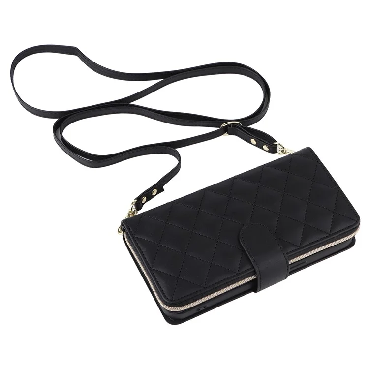 Pour iPhone 12 mini Étui portefeuille à fermeture éclair Sac à main en cuir à motif losange - Noir