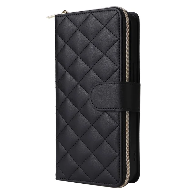 Pour iPhone 12 mini Étui portefeuille à fermeture éclair Sac à main en cuir à motif losange - Noir