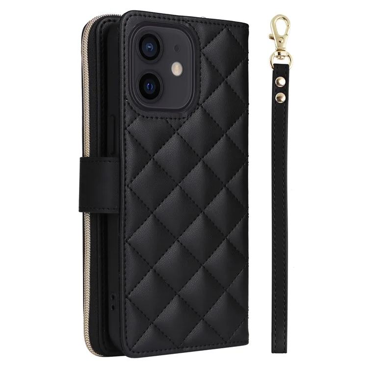 Pour iPhone 12 mini Étui portefeuille à fermeture éclair Sac à main en cuir à motif losange - Noir