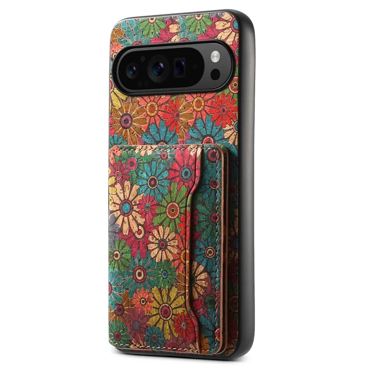 Para Google Pixel 9 Pro / Pixel 9 Kickstand Cases Floral Pattern Card Slot PU+TPU+PC Phone Cover - Spring / Green
