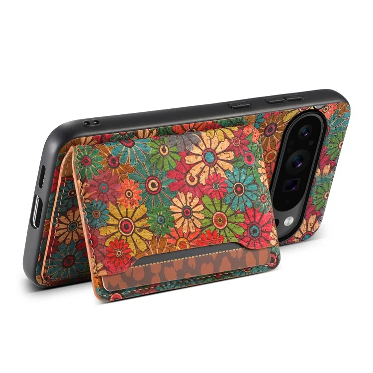 Para Google Pixel 9 Pro / Pixel 9 Kickstand Cases Floral Pattern Card Slot PU+TPU+PC Phone Cover - Spring / Green