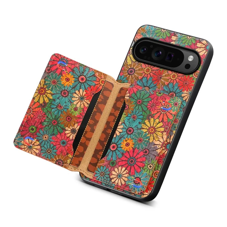 Para Google Pixel 9 Pro / Pixel 9 Kickstand Cases Floral Pattern Card Slot PU+TPU+PC Phone Cover - Spring / Green