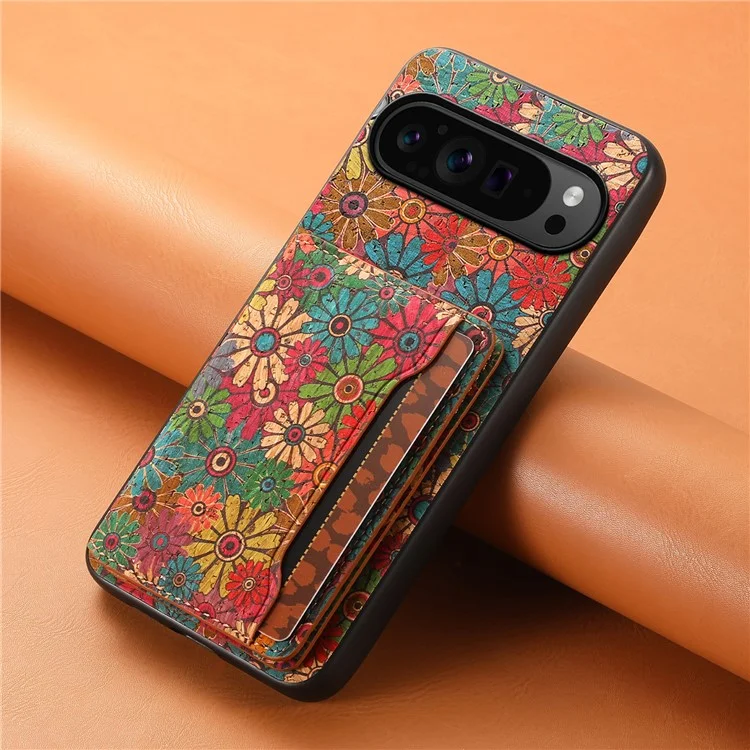 Para Google Pixel 9 Pro / Pixel 9 Kickstand Cases Floral Pattern Card Slot PU+TPU+PC Phone Cover - Spring / Green