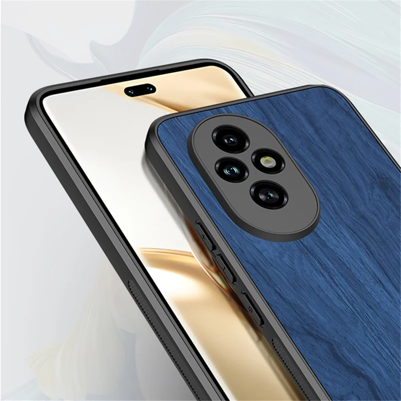 Per Honor 200 Pro 5G Case Wood Texture Leather Coated TPU Phone Protective Cover - Blue