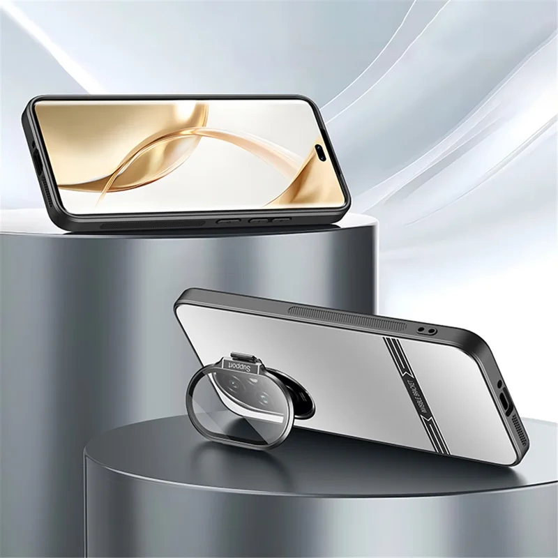 Kickstand Case for Honor 200 5G Matte PC+TPU Phone Shell with Tempered Glass Lens Cover - Silver