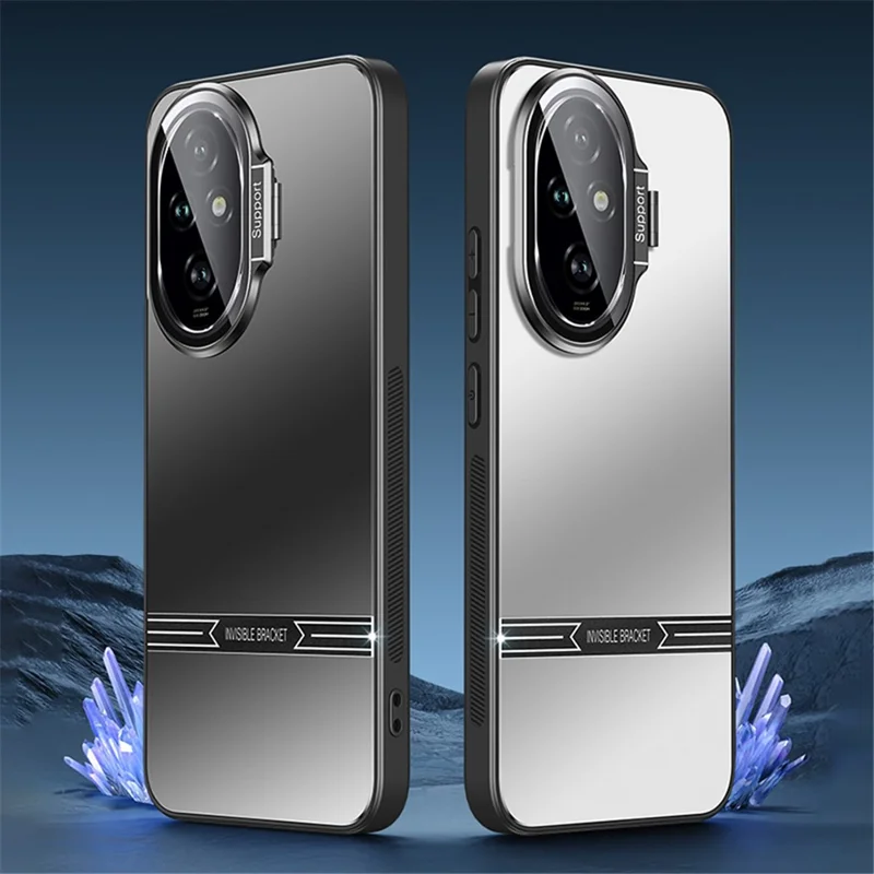 Kickstand Case for Honor 200 5G Matte PC+TPU Phone Shell with Tempered Glass Lens Cover - Silver