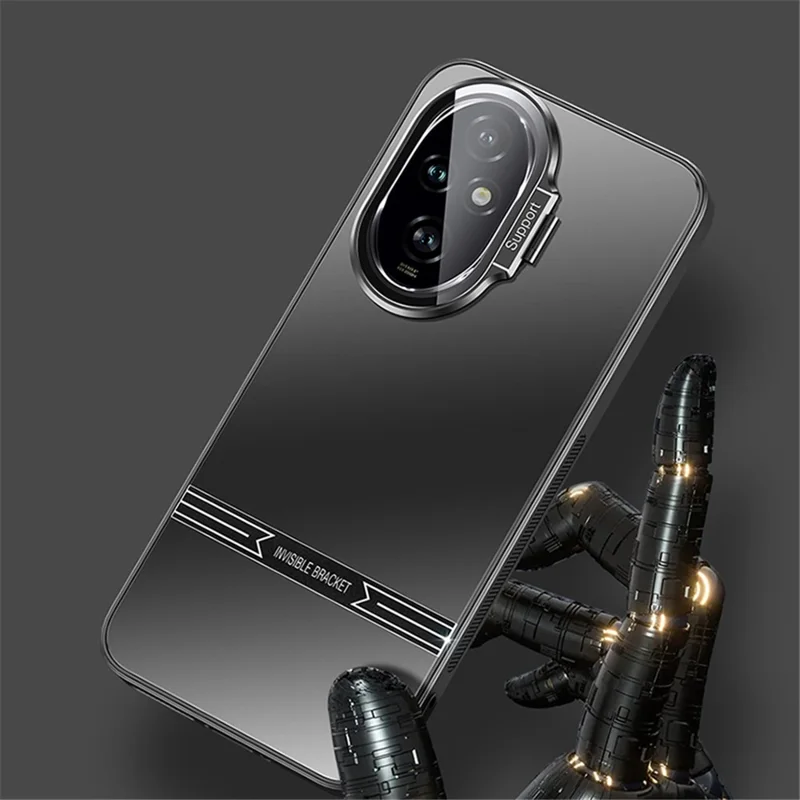 Kickstand Case for Honor 200 5G Matte PC+TPU Phone Shell with Tempered Glass Lens Cover - Silver