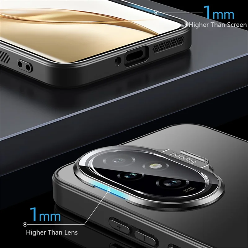 Kickstand Case for Honor 200 5G Matte PC+TPU Phone Shell with Tempered Glass Lens Cover - Silver