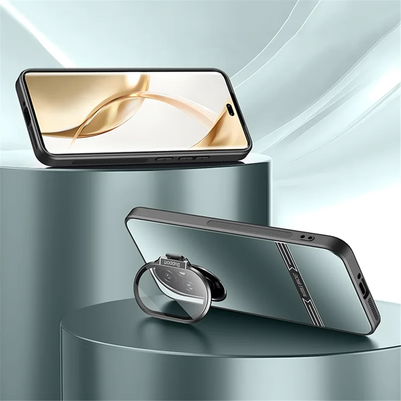 For Honor 200 Pro 5G Phone Case Kickstand Matte PC+TPU Shell with Tempered Glass Lens Cover - Cyan