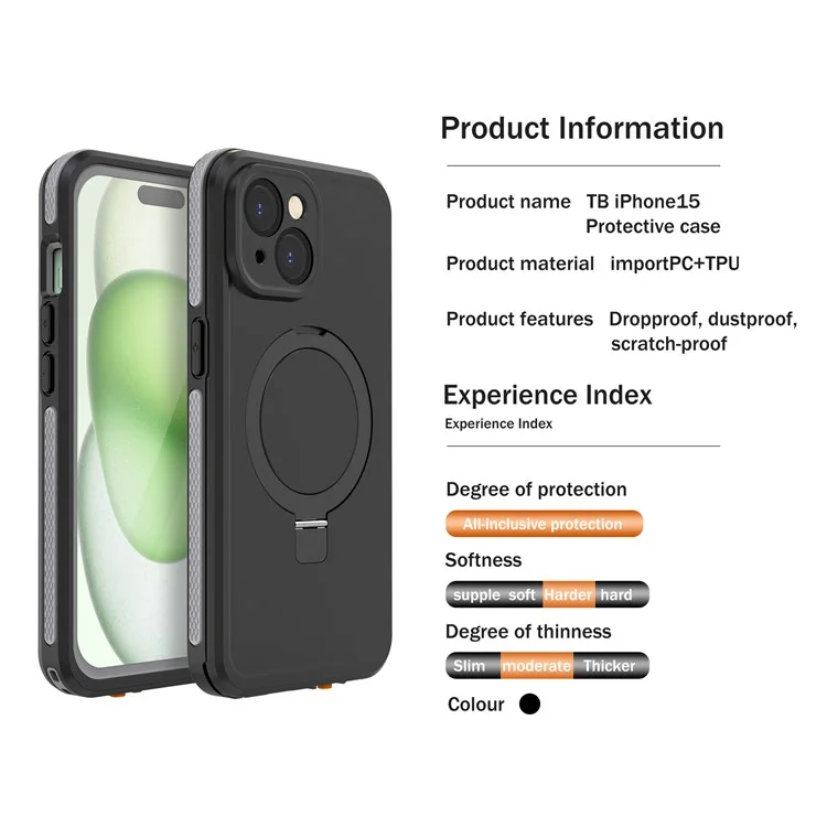 TB Protective Case For iPhone 15 Kickstand IP68 Waterproof Phone Cover Compatible with MagSafe