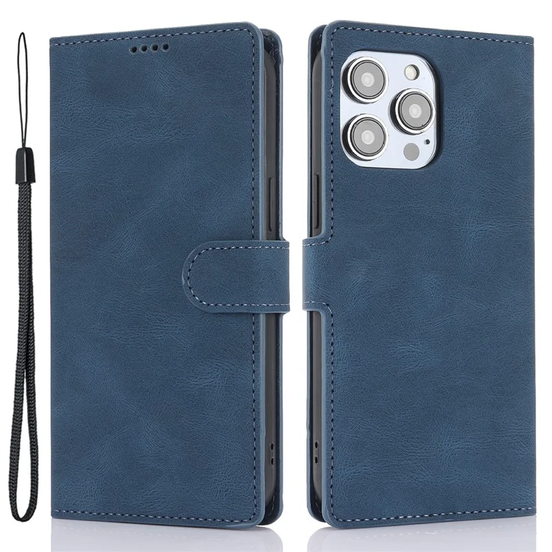 For iPhone 16 Pro Max Case Wallet PU Leather Stand Phone Cover with Wrist Strap - Blue