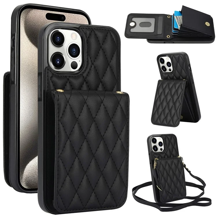 Funda para iPhone 15 Pro Max Diamante de cuero + TPU con ranuras para tarjetas Cubierta de teléfono con correa para el hombro - Negro