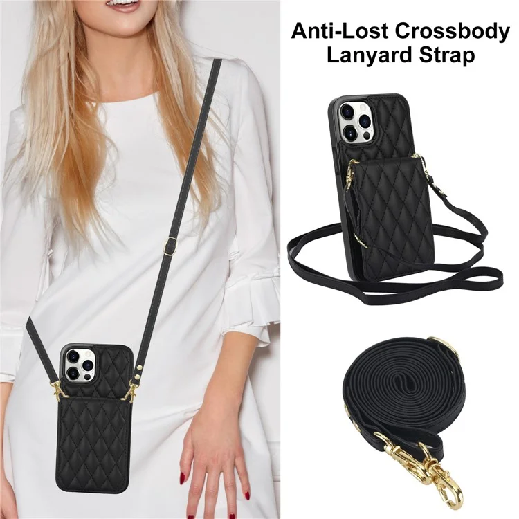 Funda para iPhone 15 Pro Max Diamante de cuero + TPU con ranuras para tarjetas Cubierta de teléfono con correa para el hombro - Negro