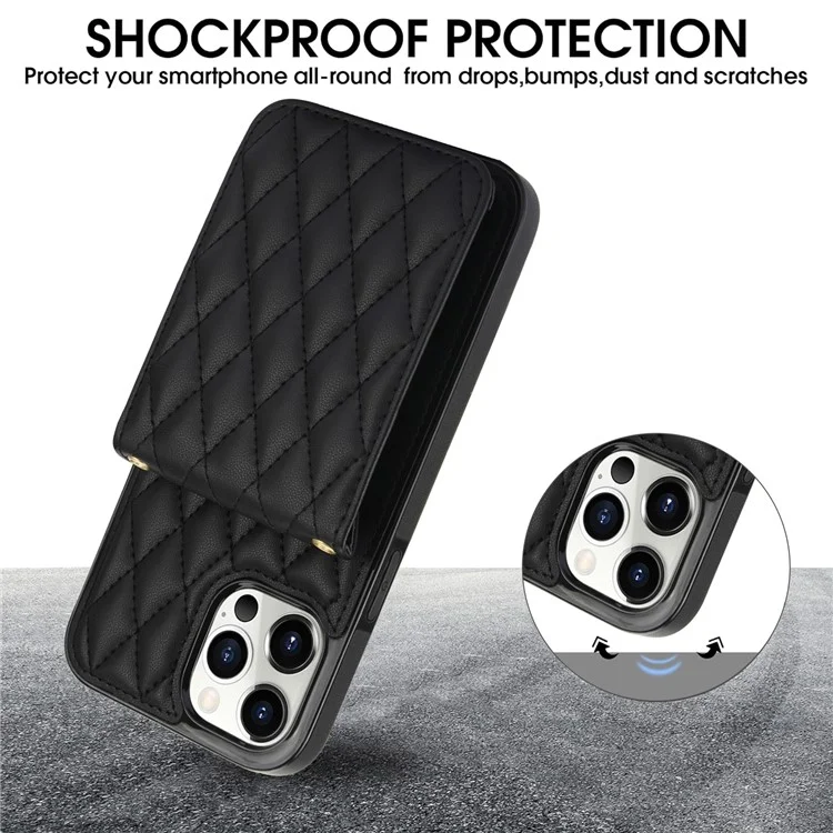 Funda para iPhone 15 Pro Max Diamante de cuero + TPU con ranuras para tarjetas Cubierta de teléfono con correa para el hombro - Negro
