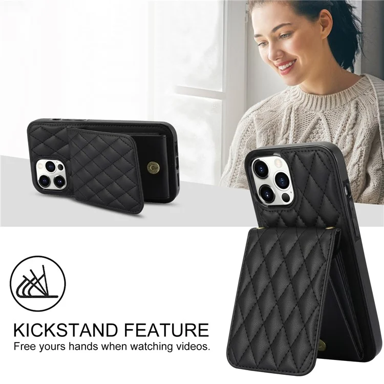 Funda para iPhone 15 Pro Max Diamante de cuero + TPU con ranuras para tarjetas Cubierta de teléfono con correa para el hombro - Negro