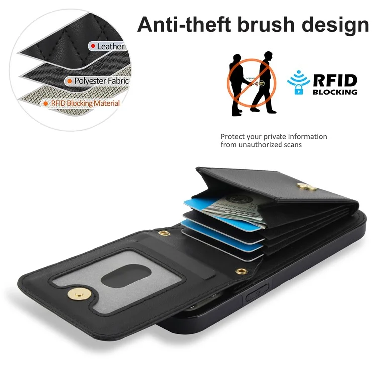 Funda para iPhone 15 Pro Max Diamante de cuero + TPU con ranuras para tarjetas Cubierta de teléfono con correa para el hombro - Negro