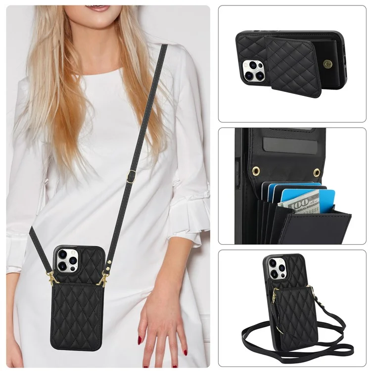 Funda para iPhone 15 Pro Max Diamante de cuero + TPU con ranuras para tarjetas Cubierta de teléfono con correa para el hombro - Negro