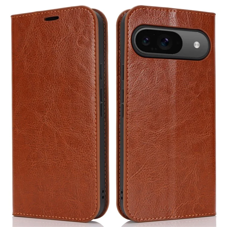 Pour Google Pixel 9 / 9 Pro Case Crazy Horse Texture Split Leather Wallet Phone Cover - Light Brown