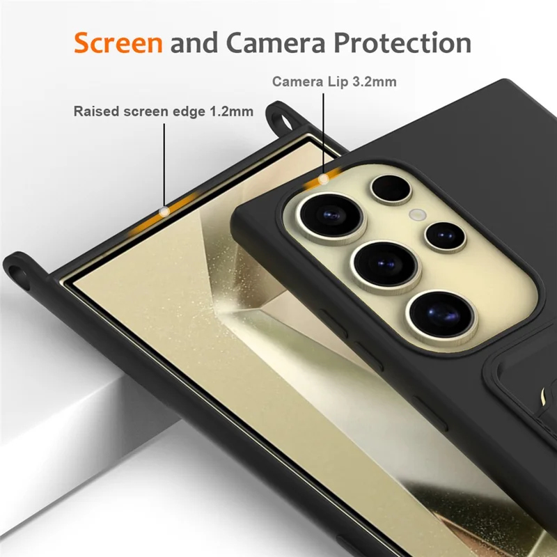 Para Samsung Galaxy S23 Ultra Case com Cordão Compartimento para Cartão Capa de Silicone Líquido - Preto