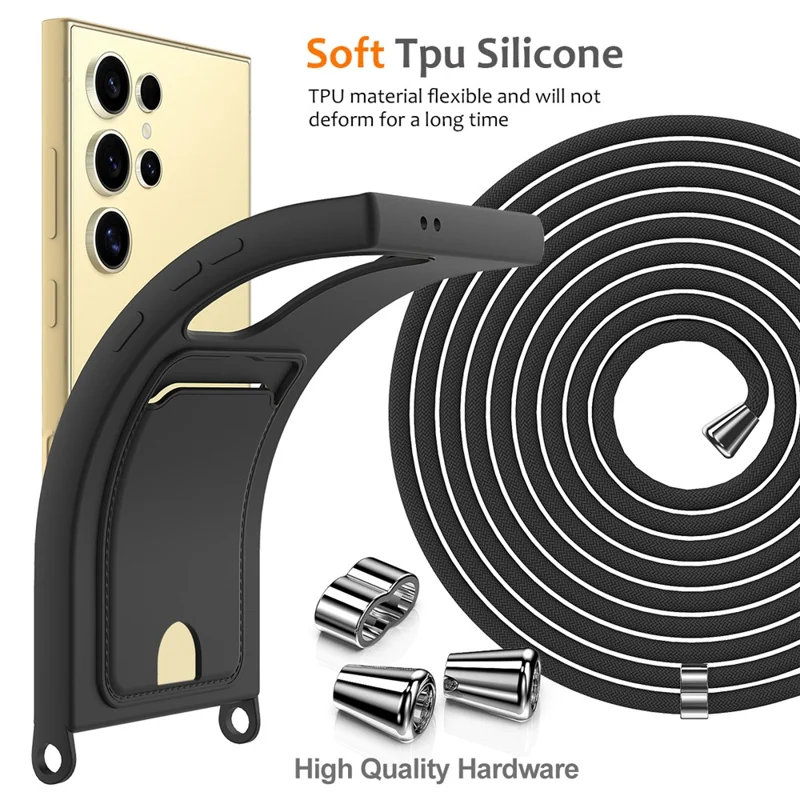 Para Samsung Galaxy S23 Ultra Case com Cordão Compartimento para Cartão Capa de Silicone Líquido - Preto