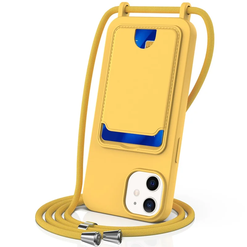 For iPhone 12 Case Crossbody Strap Liquid Silicone Phone Cover with Card Slot - Yellow