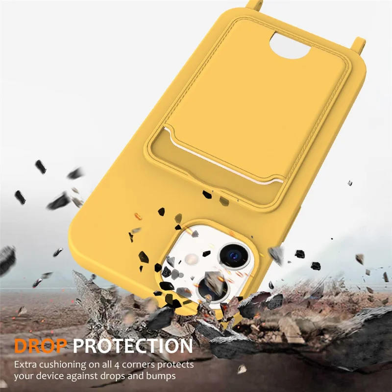 For iPhone 12 Case Crossbody Strap Liquid Silicone Phone Cover with Card Slot - Yellow