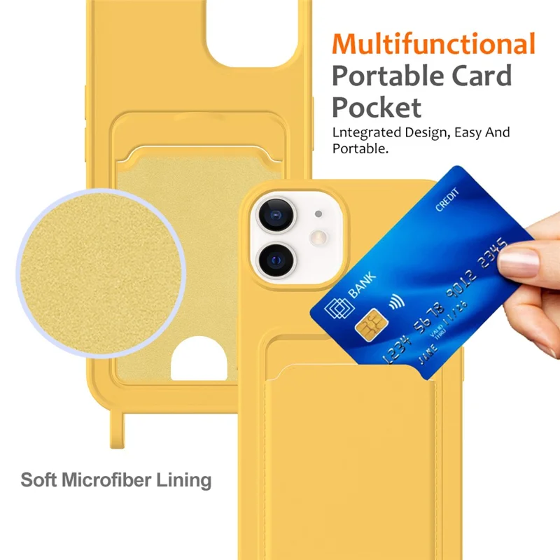 For iPhone 12 Case Crossbody Strap Liquid Silicone Phone Cover with Card Slot - Yellow