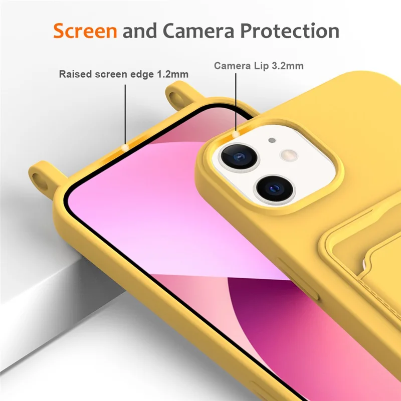 For iPhone 12 Case Crossbody Strap Liquid Silicone Phone Cover with Card Slot - Yellow