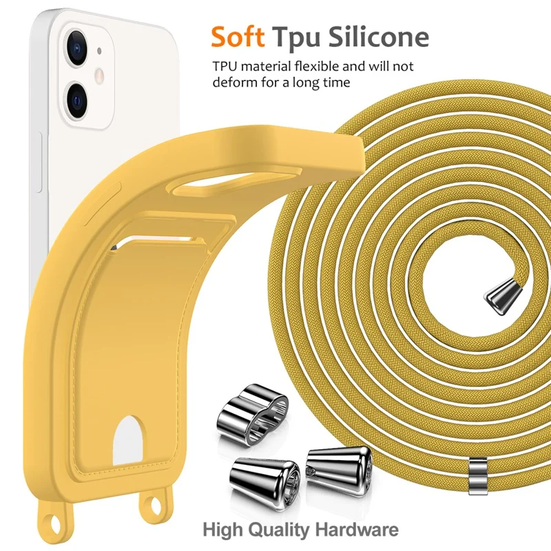 For iPhone 12 Case Crossbody Strap Liquid Silicone Phone Cover with Card Slot - Yellow