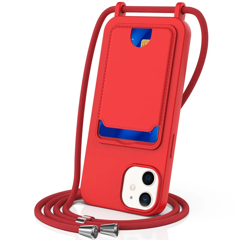 For iPhone 12 Case Crossbody Strap Liquid Silicone Phone Cover with Card Slot - Red