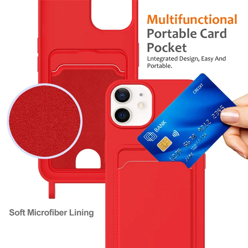 For iPhone 12 Case Crossbody Strap Liquid Silicone Phone Cover with Card Slot - Red