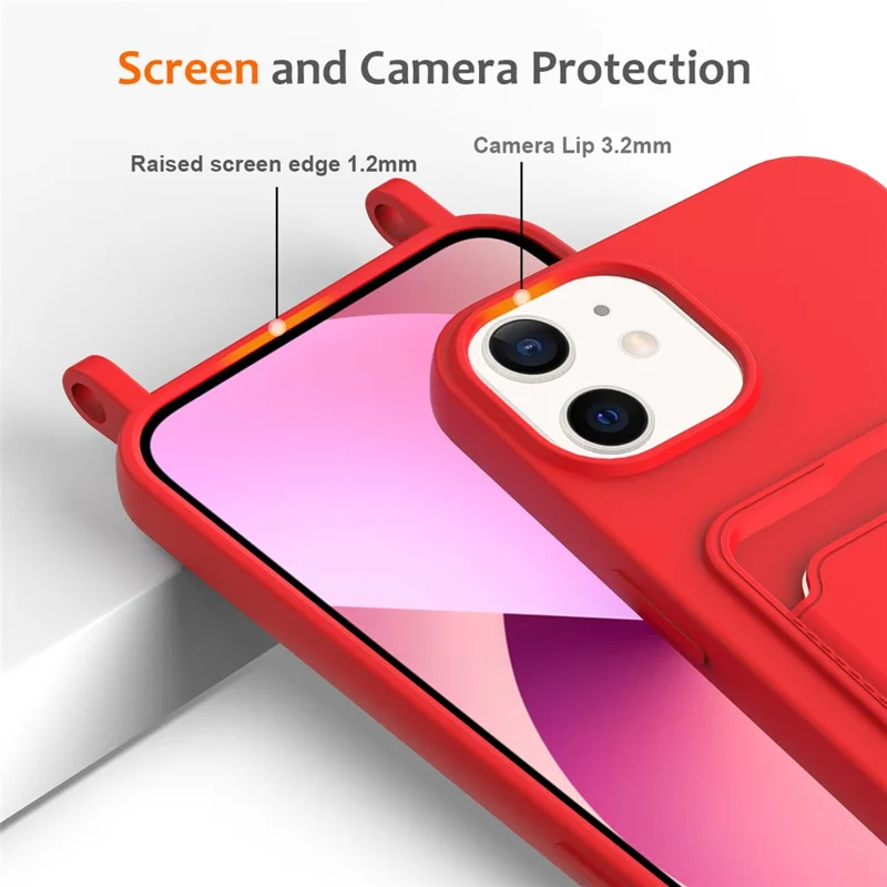 For iPhone 12 Case Crossbody Strap Liquid Silicone Phone Cover with Card Slot - Red