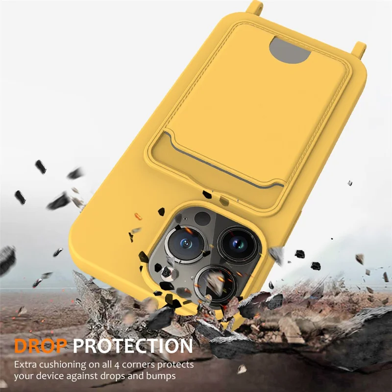 Per iPhone 12 Pro Case Card Slot Liquid Silicone Phone Cover con tracolla - Giallo