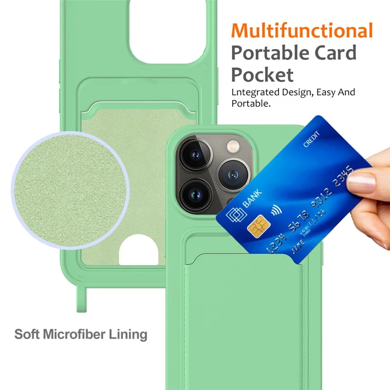Per iPhone 12 Pro Custodia Slot per Schede Custodia in Silicone Liquido con Tracolla - Verde